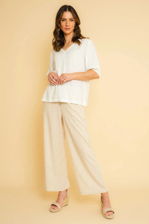 Beige Linen Blend Wide Leg Trousers