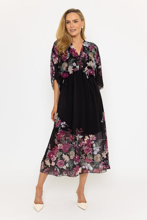 Black Floral Print Empire Waist Midi Dress