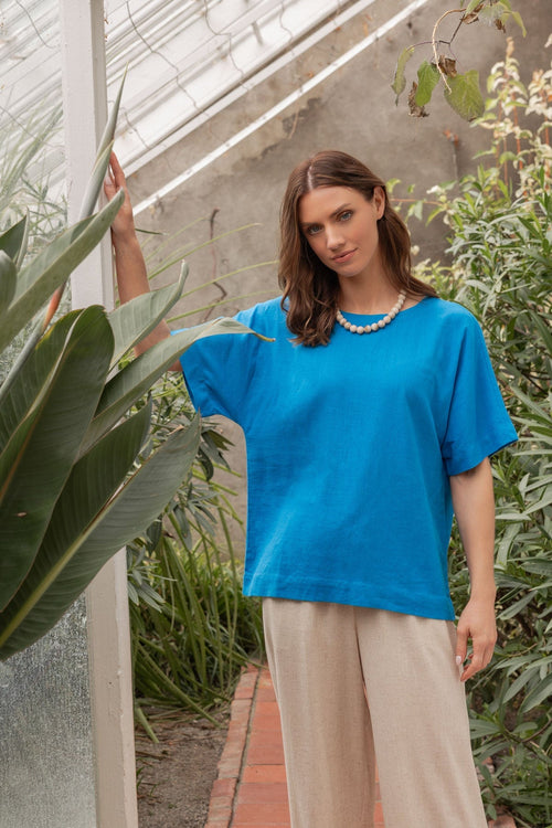 Blue Linen Blend Short Sleeve Top