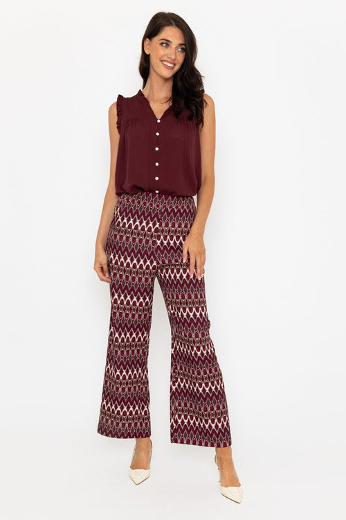 Burgundy Printed Wide Leg Trousers