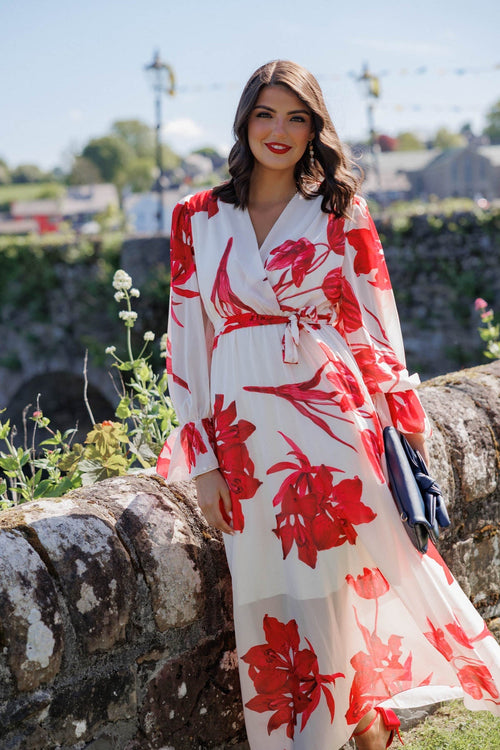 Cherry Red Floral Print Midi Dress