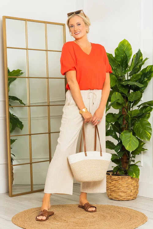 Carraig Donn Coral Linen Blend Puff Sleeve Top