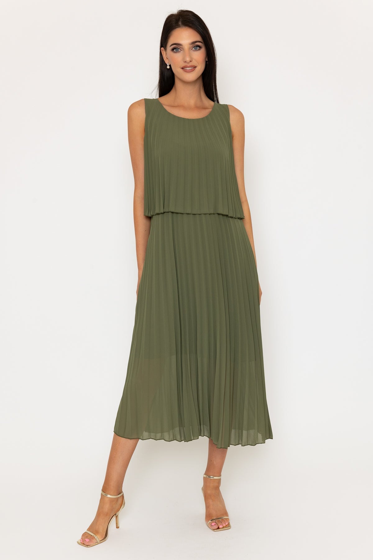 Khaki Sleeveless Pleat Midi Dress