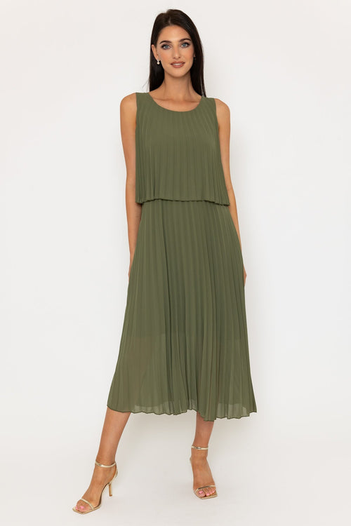 Khaki Sleeveless Pleat Midi Dress