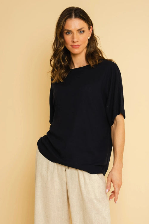 Navy Linen Blend Short Sleeve Top
