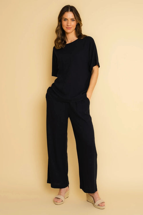 Navy Linen Blend Wide Leg Trousers