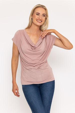 Carraig Donn Pink Cowl Neck Short Sleeve Top