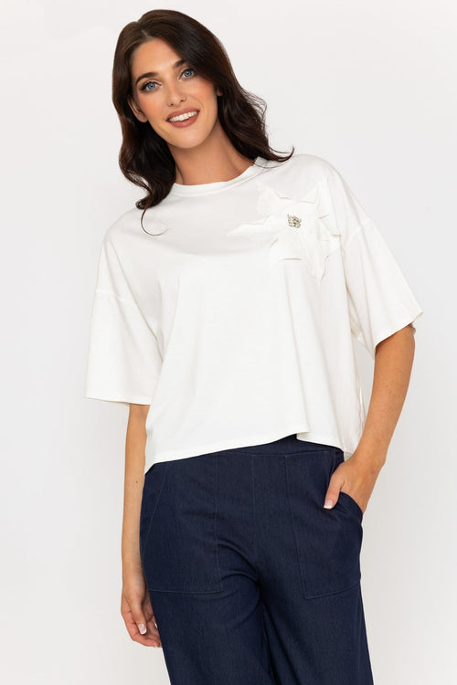 Short Sleeve Flower Detail T-Shirt in Ecru